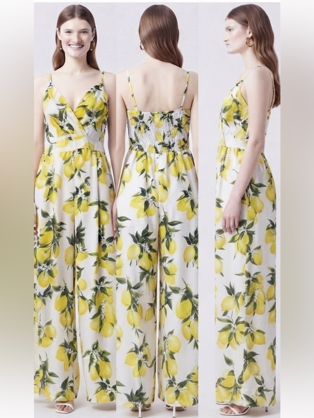 Vintage Inspired Lemon Print V-Neck Wide Leg Jumpsuit approx Small
